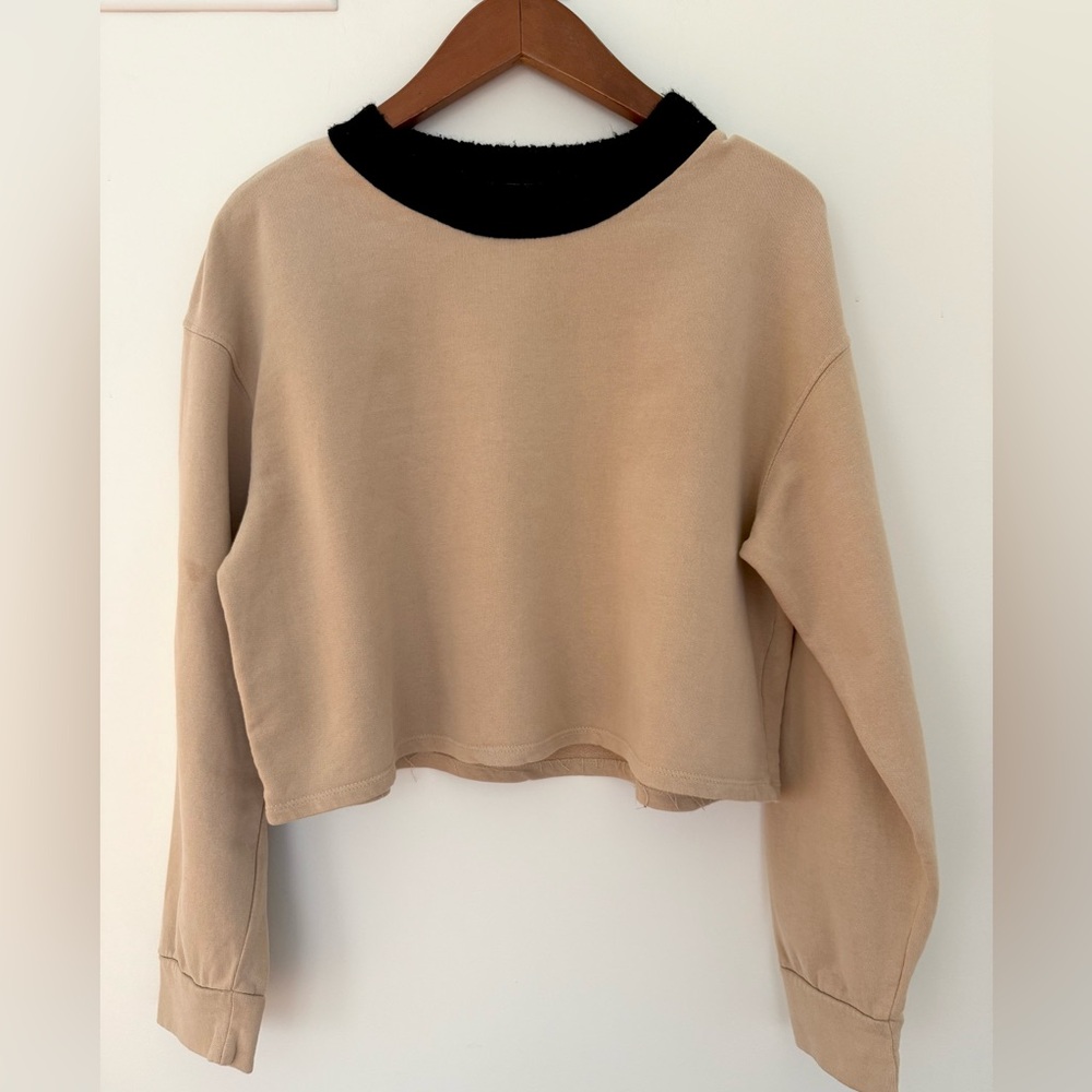 Zara Women Sweatshirt Beige Tan Cropped Sweater Black Mock Neck Collar Size S